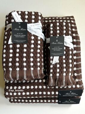 🎁6PC Brooks Brothers Premium Turkish Cotton Bath Towel Set - Brown and White